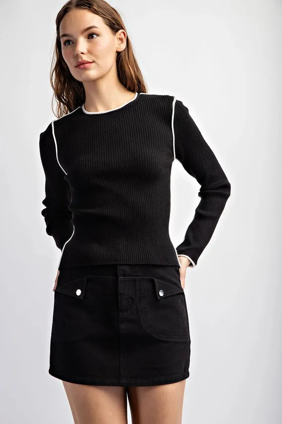 Contrast Edge Long Sleeve Sweater Top  Black/Off White