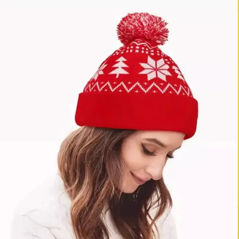 Cozy Festive Jacquard Beanie with Fluffy Pom – Warm Thermal Acrylic Hat