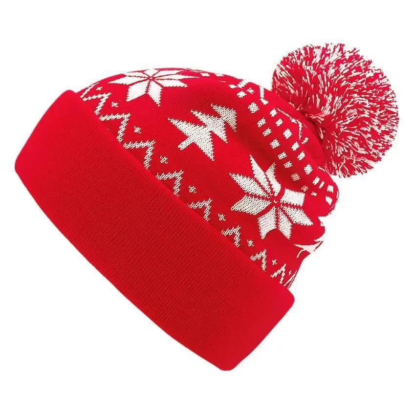 Cozy Festive Jacquard Beanie with Fluffy Pom – Warm Thermal Acrylic Hat