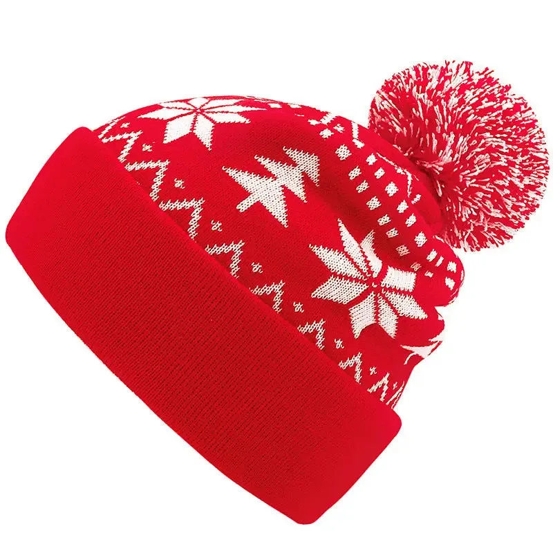 Cozy Festive Jacquard Beanie with Fluffy Pom – Warm Thermal Acrylic Hat