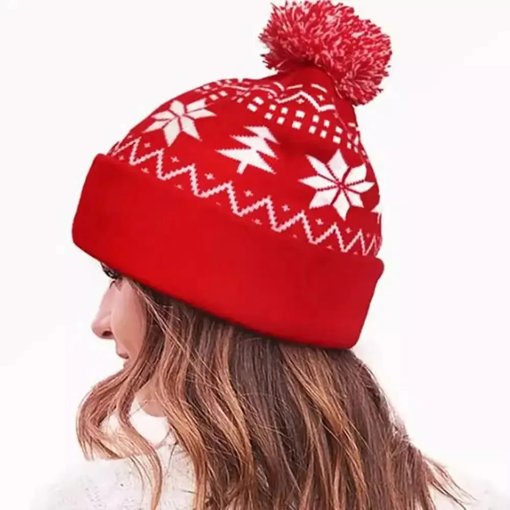 Cozy Festive Jacquard Beanie with Fluffy Pom – Warm Thermal Acrylic Hat
