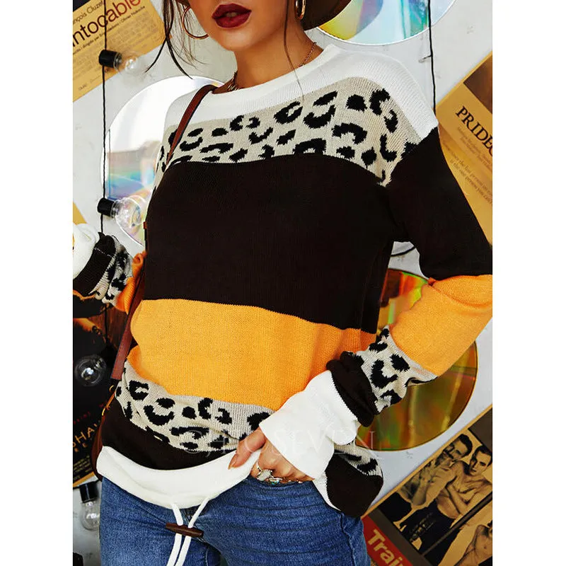 Crew Neck Leopard Pattern Color Blocking Sweater Wholesale Clothing Suppliers