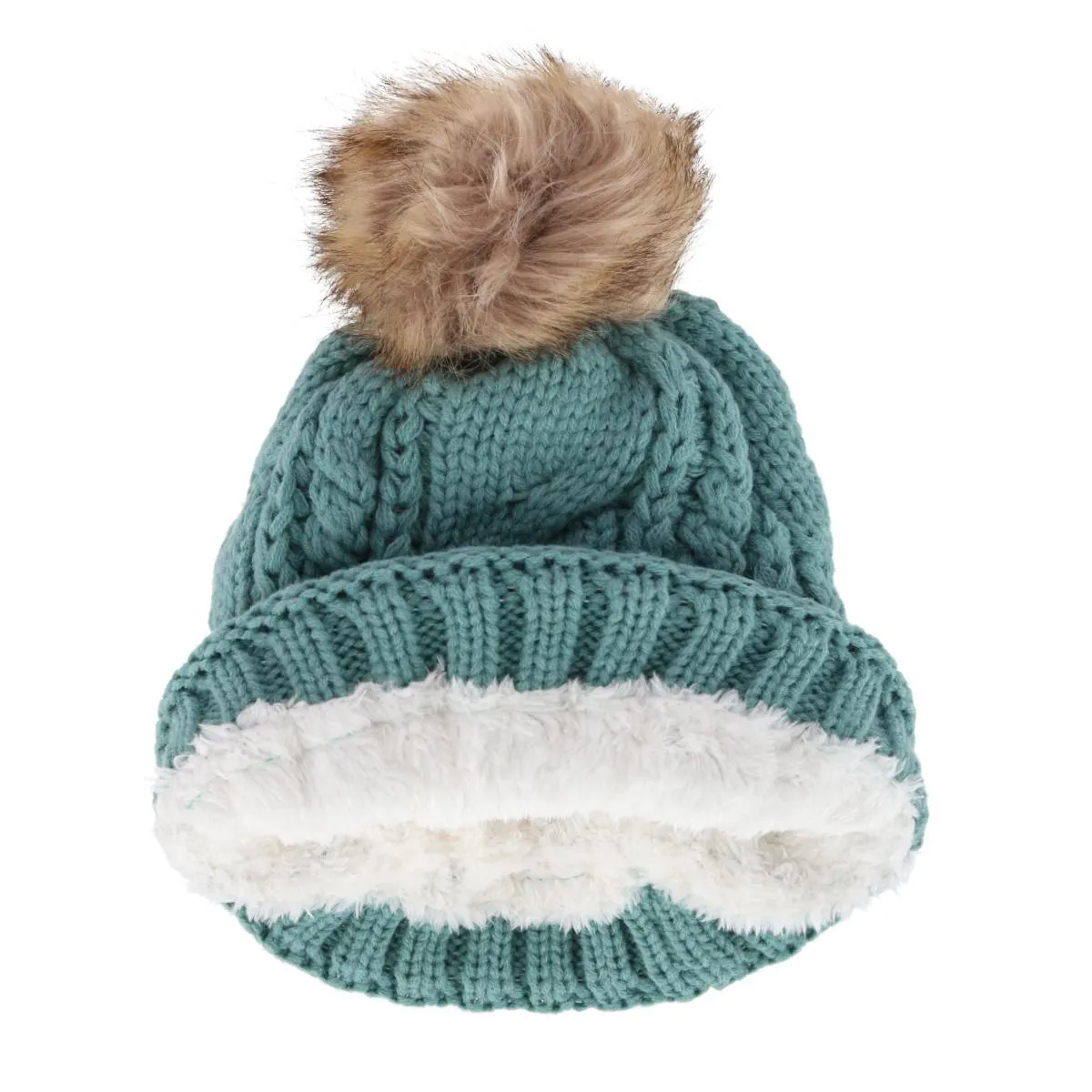CTM® Women's Cable Knit Lined Winter Beanie with Synthetic Fur Pom