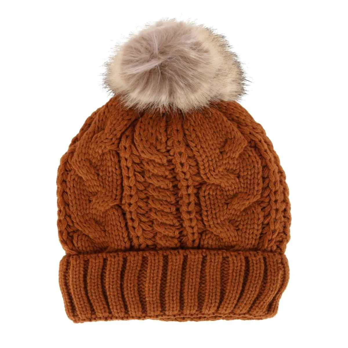 CTM® Women's Cable Knit Lined Winter Beanie with Synthetic Fur Pom