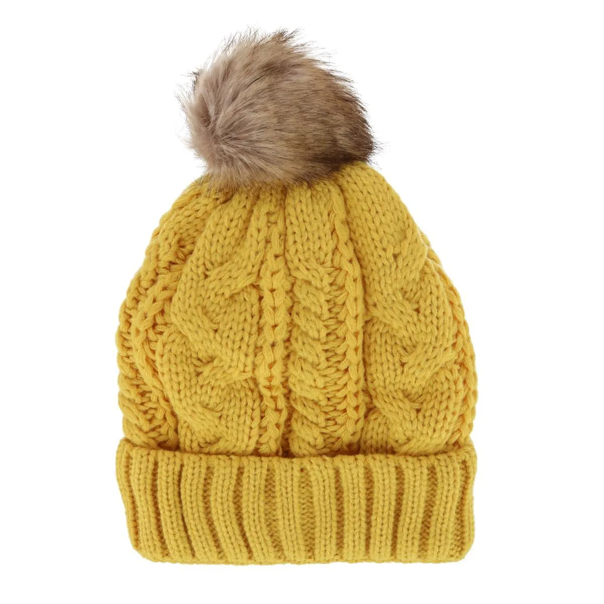 CTM® Women's Cable Knit Lined Winter Beanie with Synthetic Fur Pom