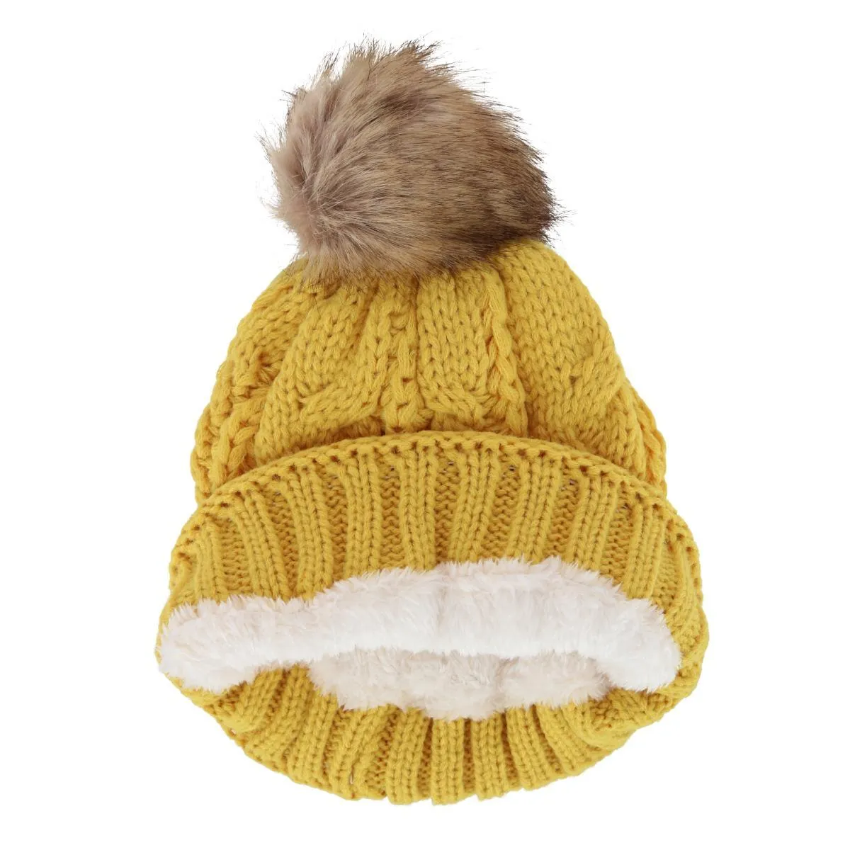 CTM® Women's Cable Knit Lined Winter Beanie with Synthetic Fur Pom