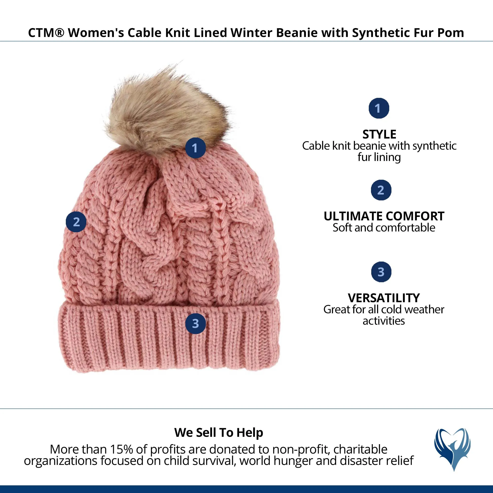 CTM® Women's Cable Knit Lined Winter Beanie with Synthetic Fur Pom