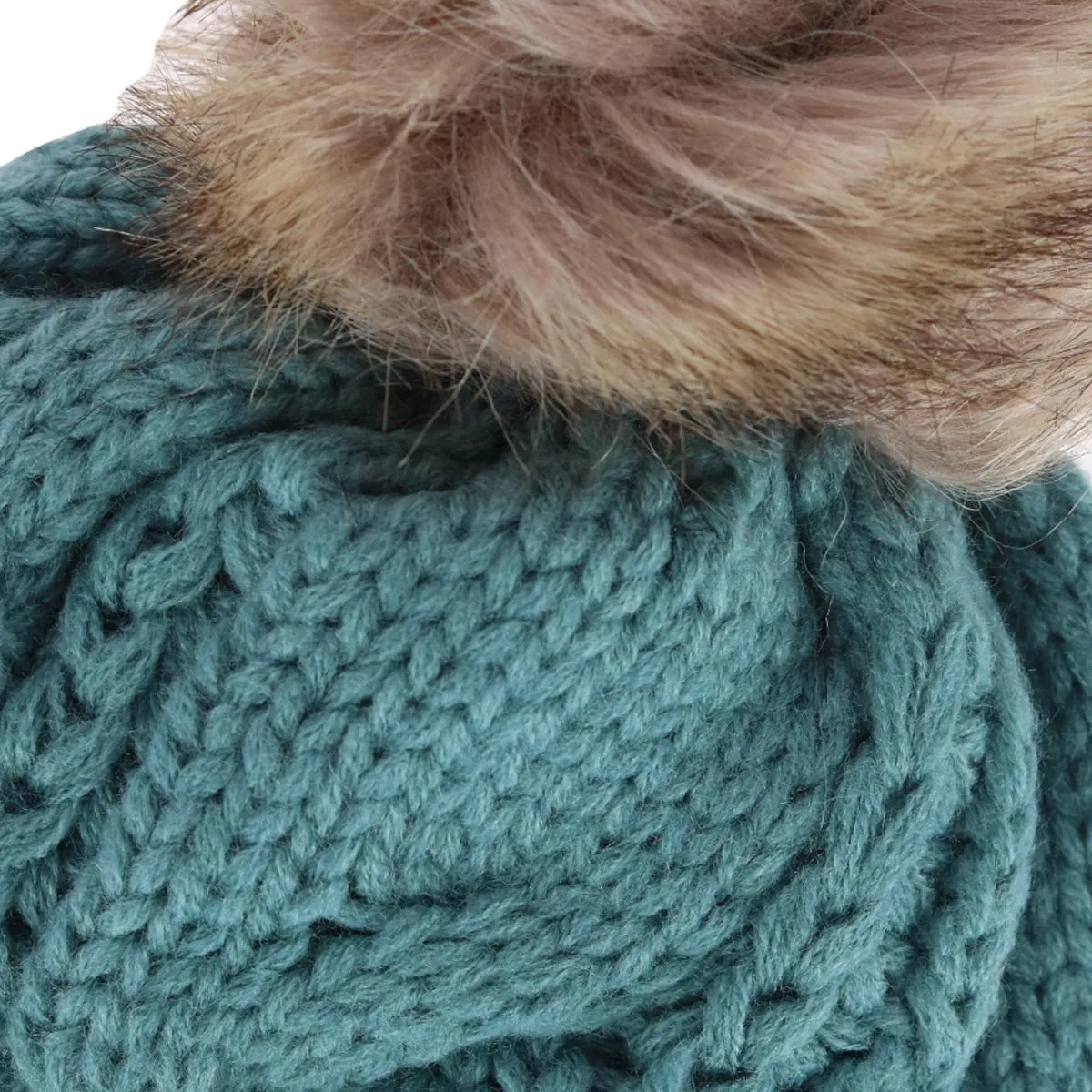 CTM® Women's Cable Knit Lined Winter Beanie with Synthetic Fur Pom