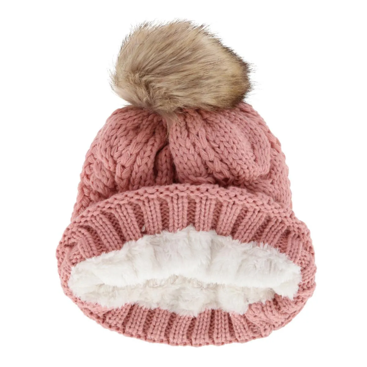 CTM® Women's Cable Knit Lined Winter Beanie with Synthetic Fur Pom