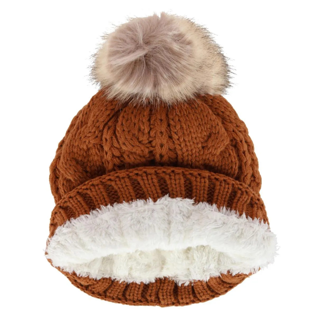 CTM® Women's Cable Knit Lined Winter Beanie with Synthetic Fur Pom