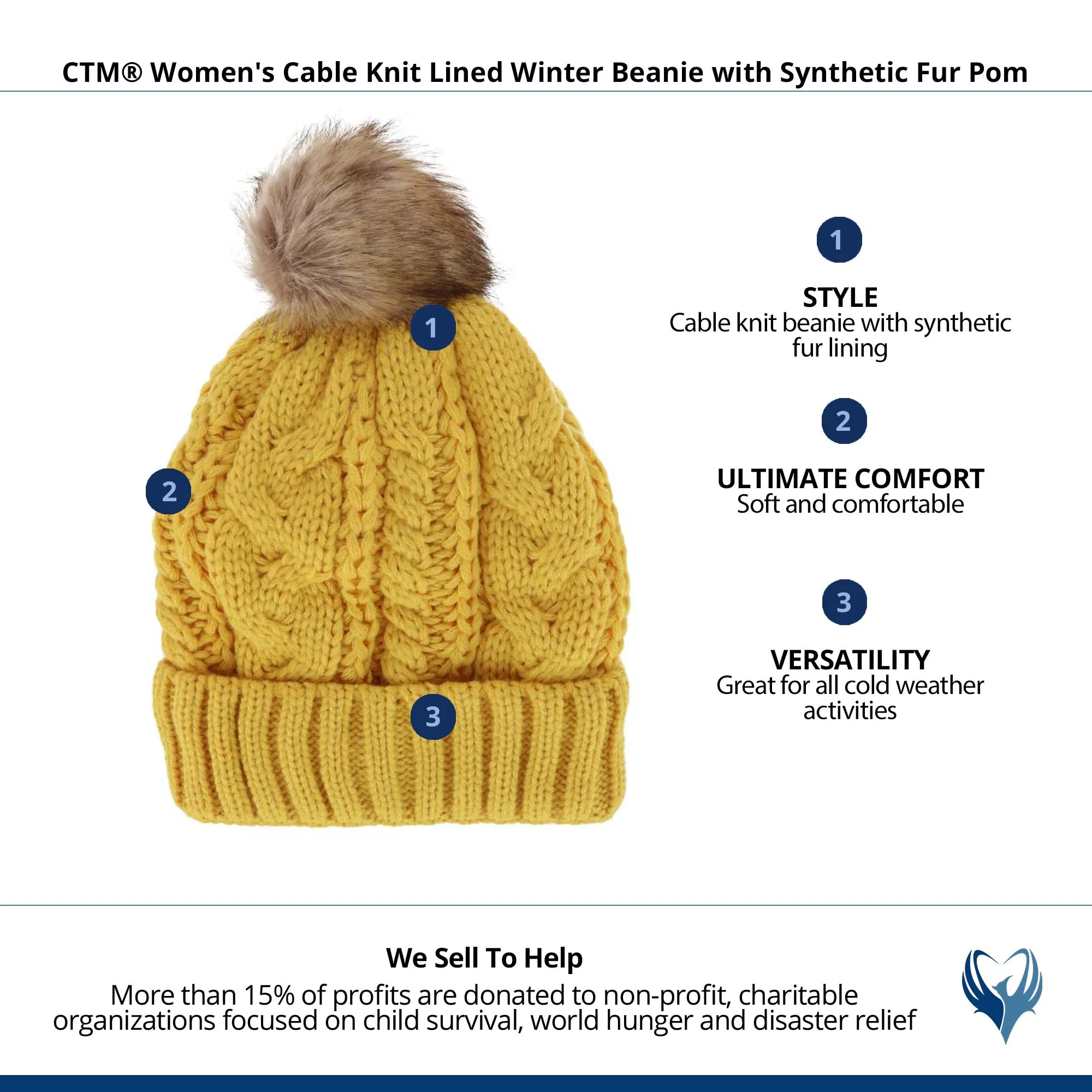 CTM® Women's Cable Knit Lined Winter Beanie with Synthetic Fur Pom