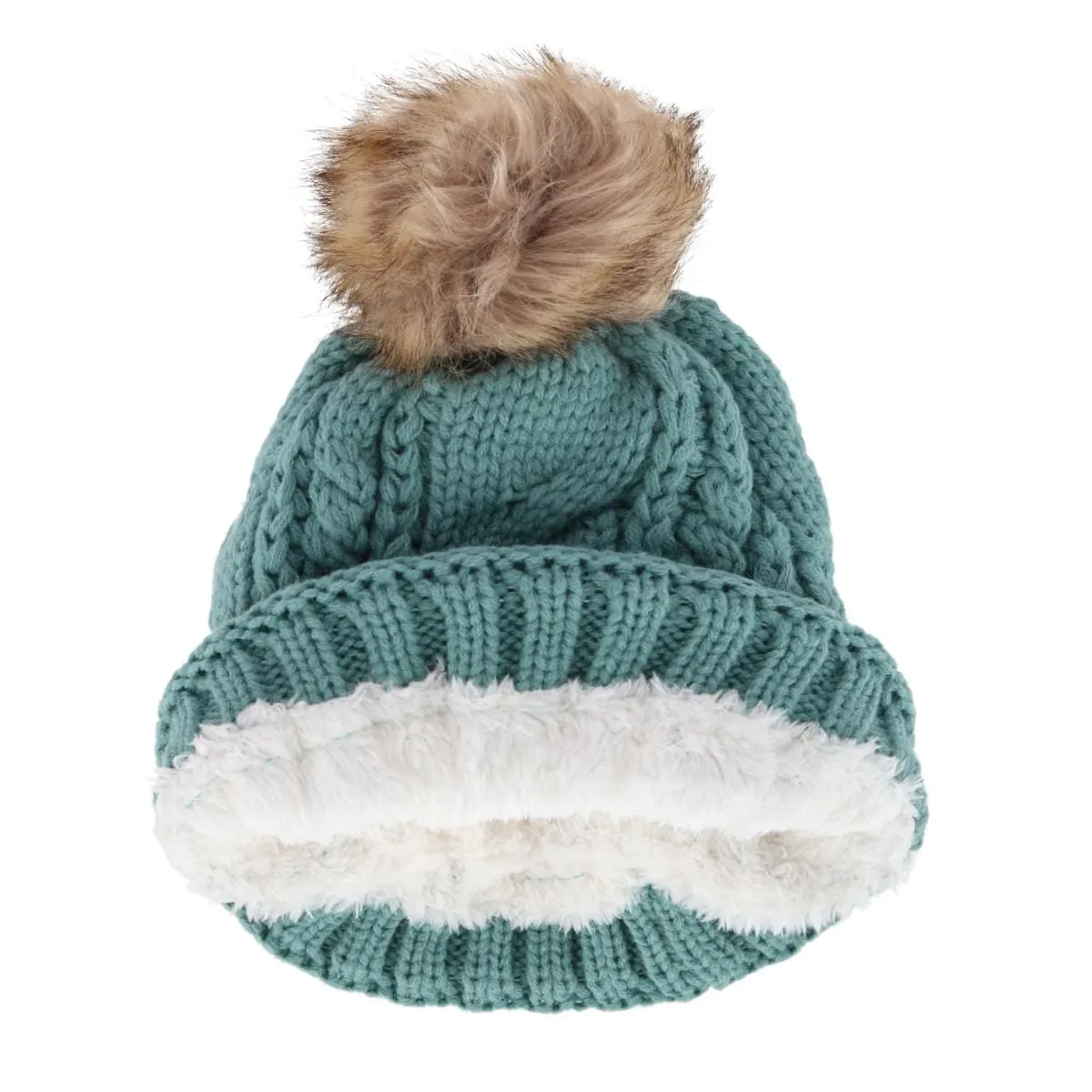 CTM® Women's Cable Knit Lined Winter Beanie with Synthetic Fur Pom