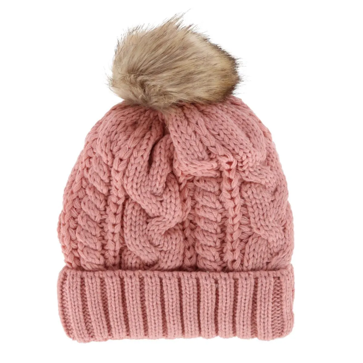 CTM® Women's Cable Knit Lined Winter Beanie with Synthetic Fur Pom