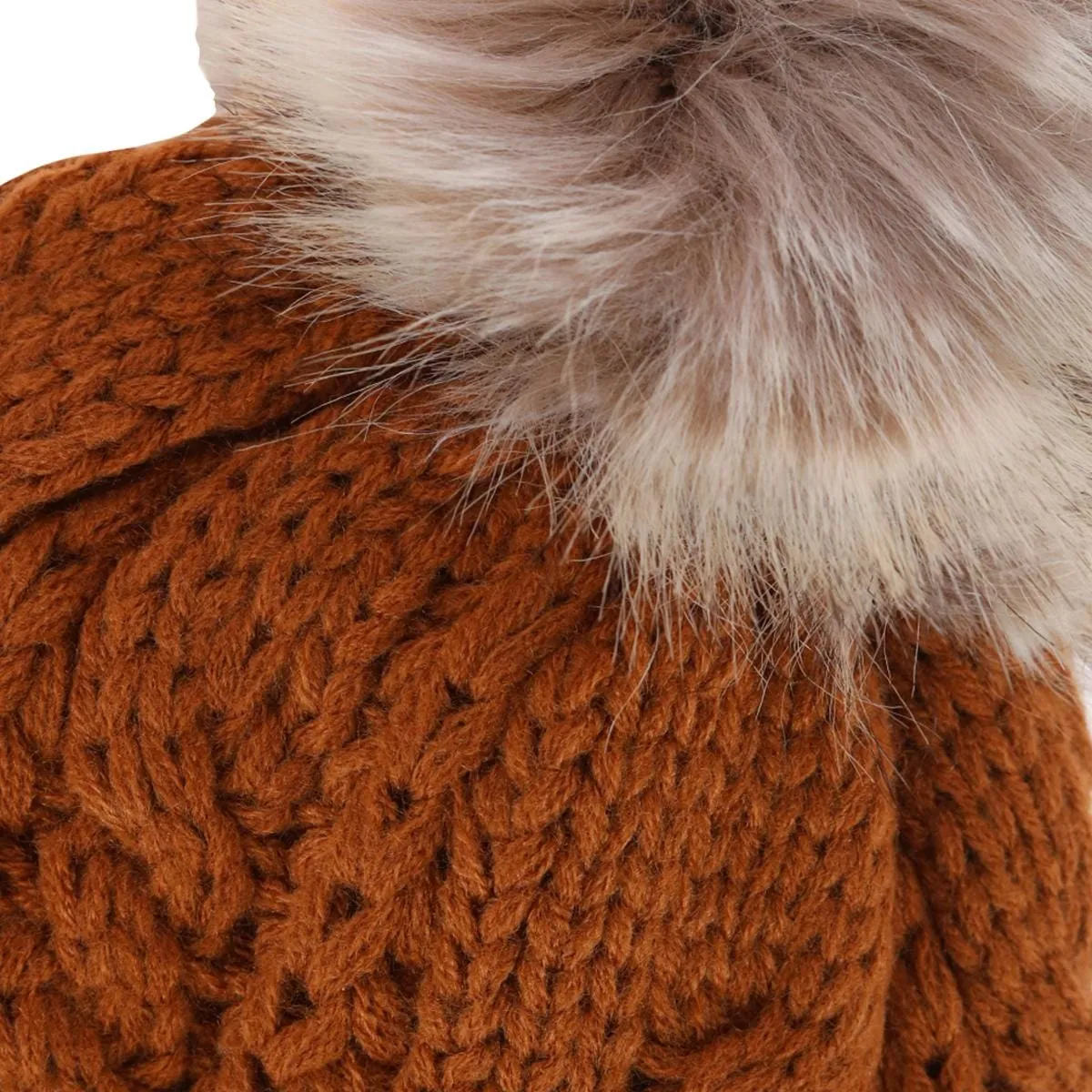 CTM® Women's Cable Knit Lined Winter Beanie with Synthetic Fur Pom