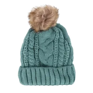 CTM® Women's Cable Knit Lined Winter Beanie with Synthetic Fur Pom