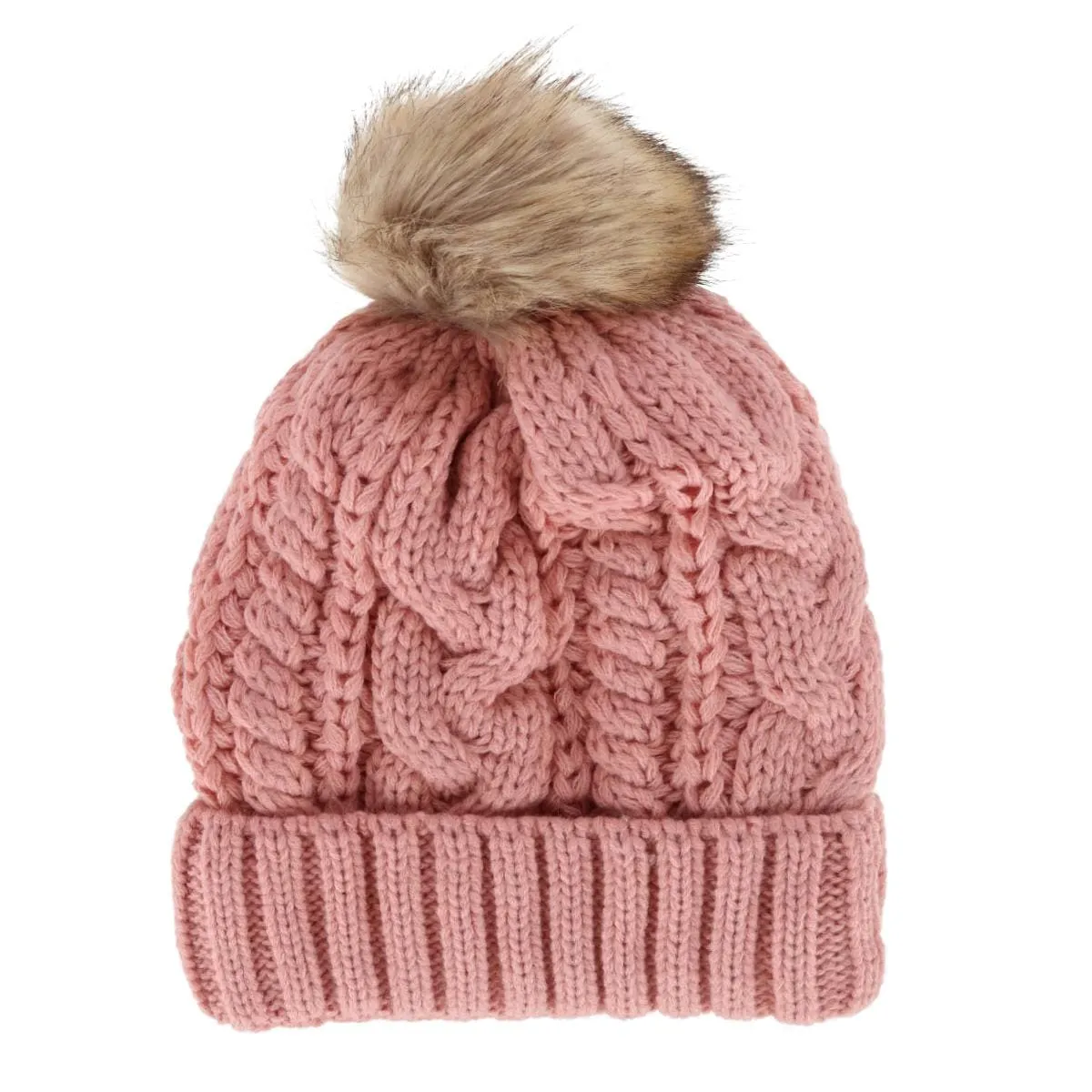 CTM® Women's Cable Knit Lined Winter Beanie with Synthetic Fur Pom