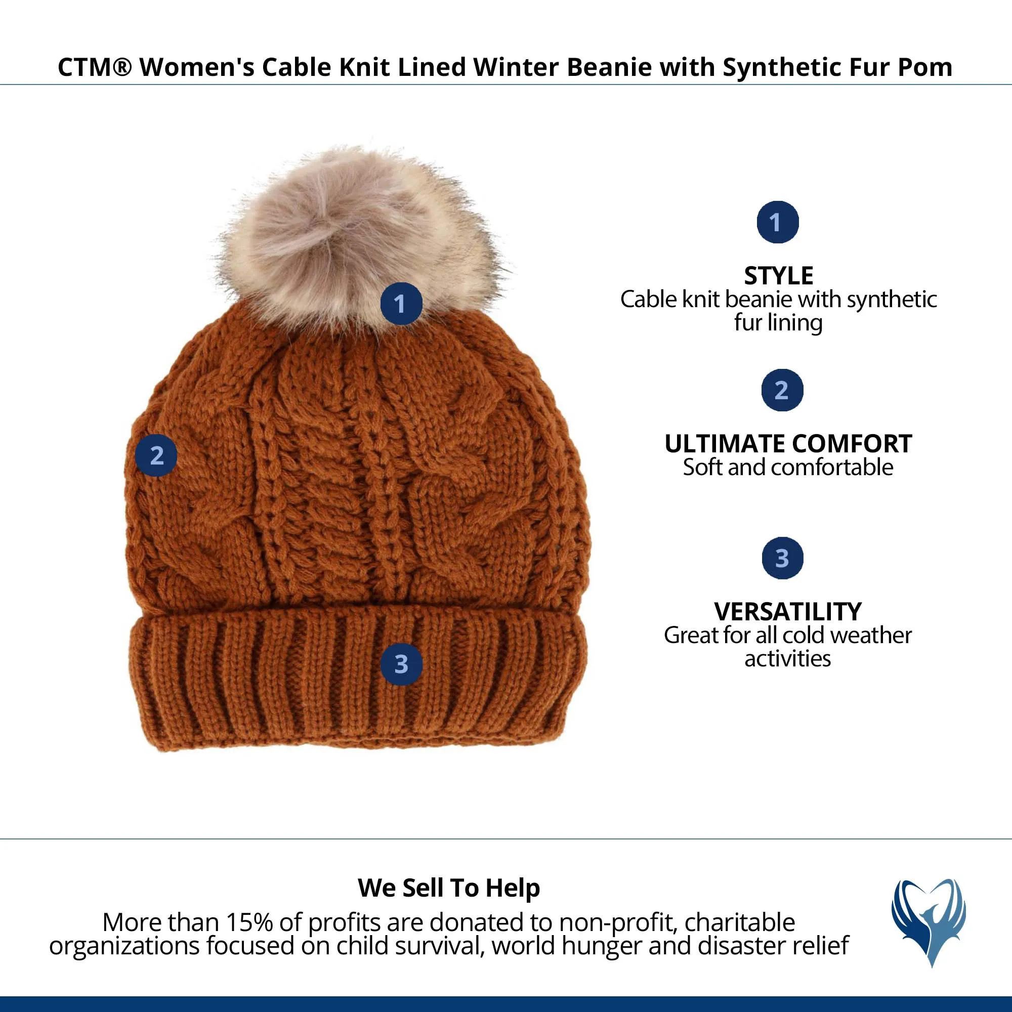 CTM® Women's Cable Knit Lined Winter Beanie with Synthetic Fur Pom
