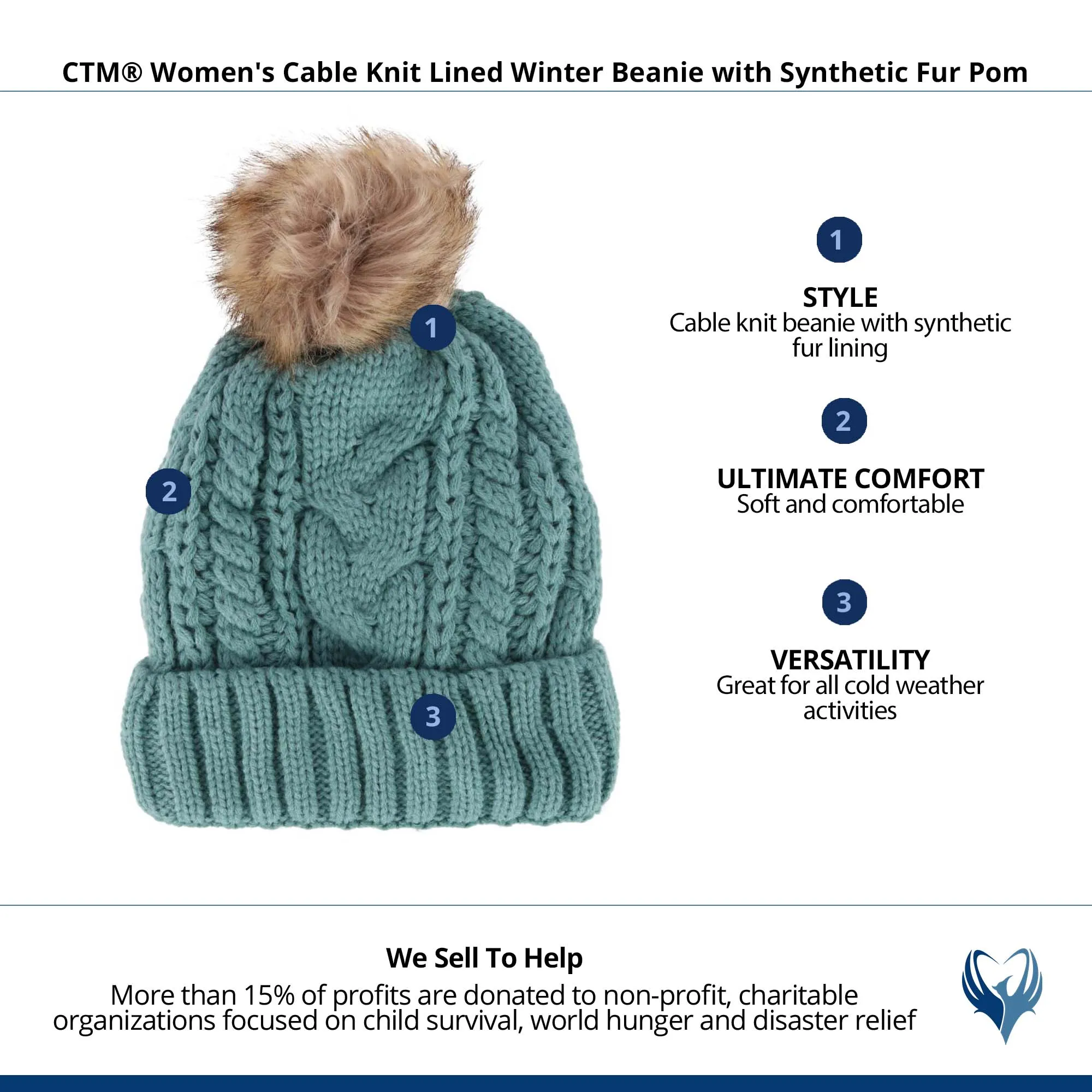 CTM® Women's Cable Knit Lined Winter Beanie with Synthetic Fur Pom