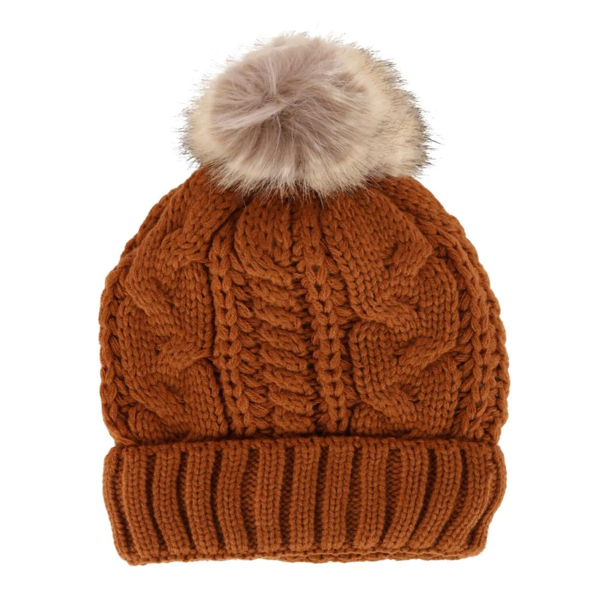 CTM® Women's Cable Knit Lined Winter Beanie with Synthetic Fur Pom
