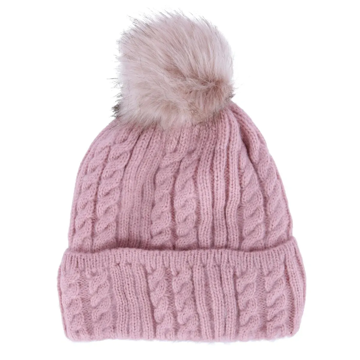 CTM® Women's Knit Winter Beanie with Cuff and Synthetic Fur Pom