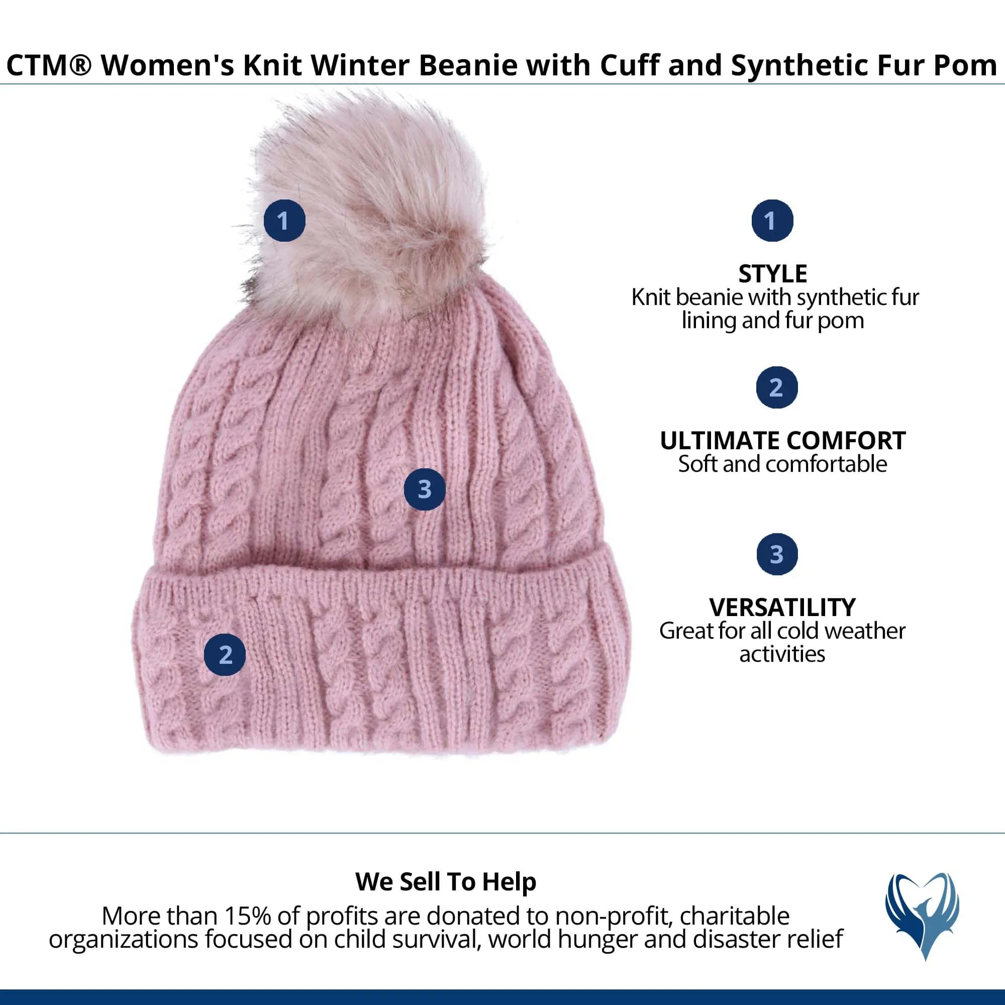 CTM® Women's Knit Winter Beanie with Cuff and Synthetic Fur Pom