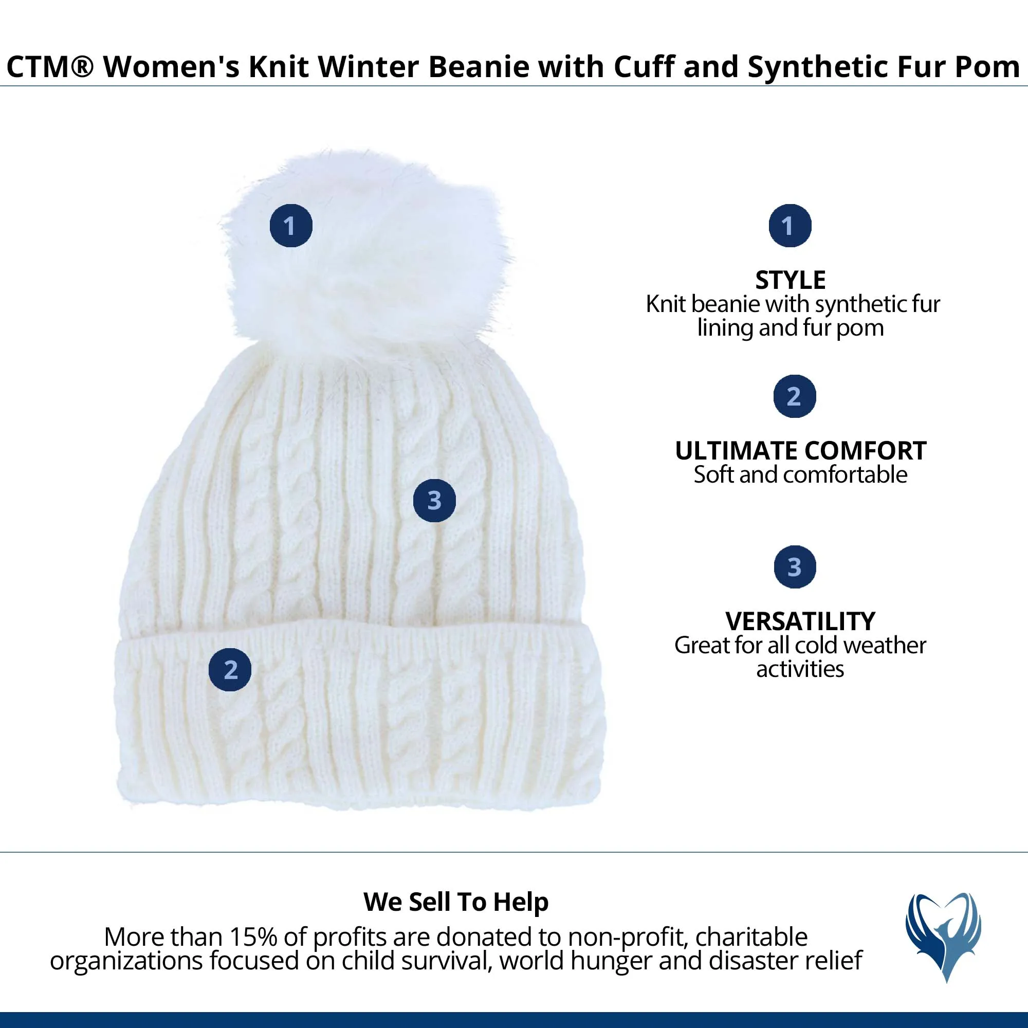 CTM® Women's Knit Winter Beanie with Cuff and Synthetic Fur Pom