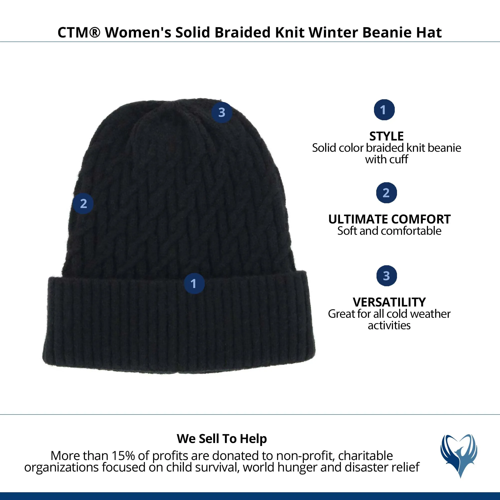 CTM® Women's Solid Braided Knit Winter Beanie Hat
