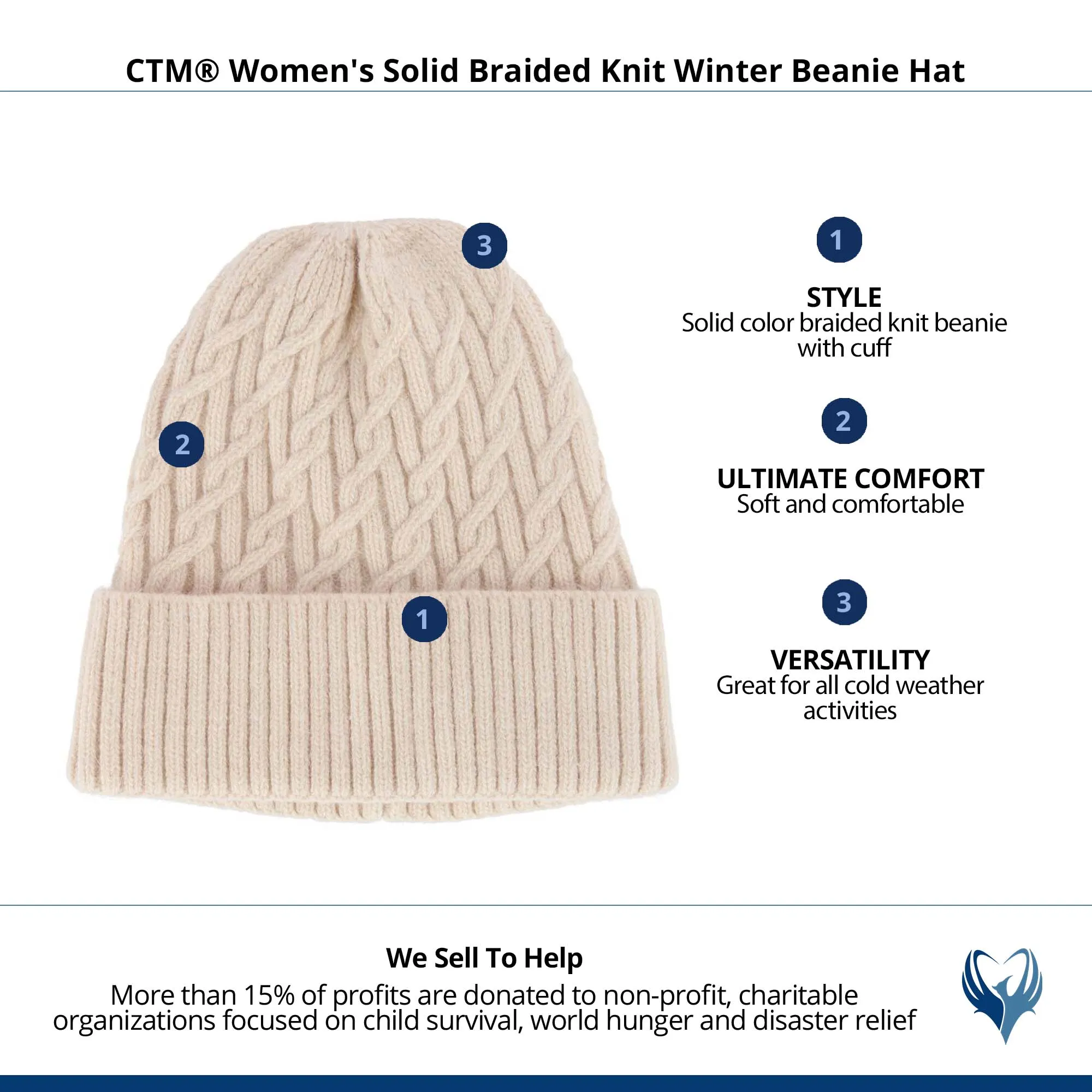 CTM® Women's Solid Braided Knit Winter Beanie Hat