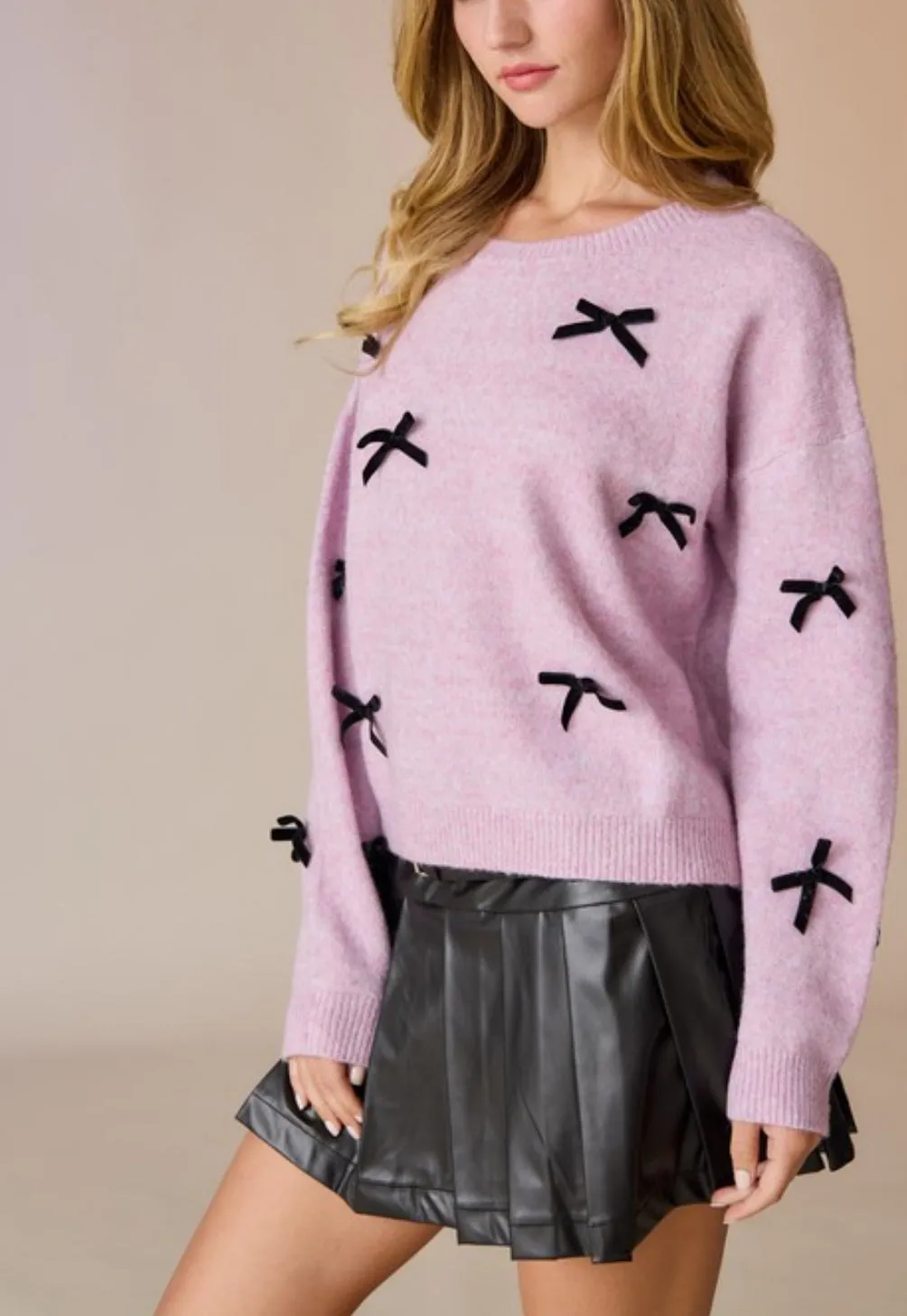 Delilah Pink Sweater With Velvet Ribbon Bows