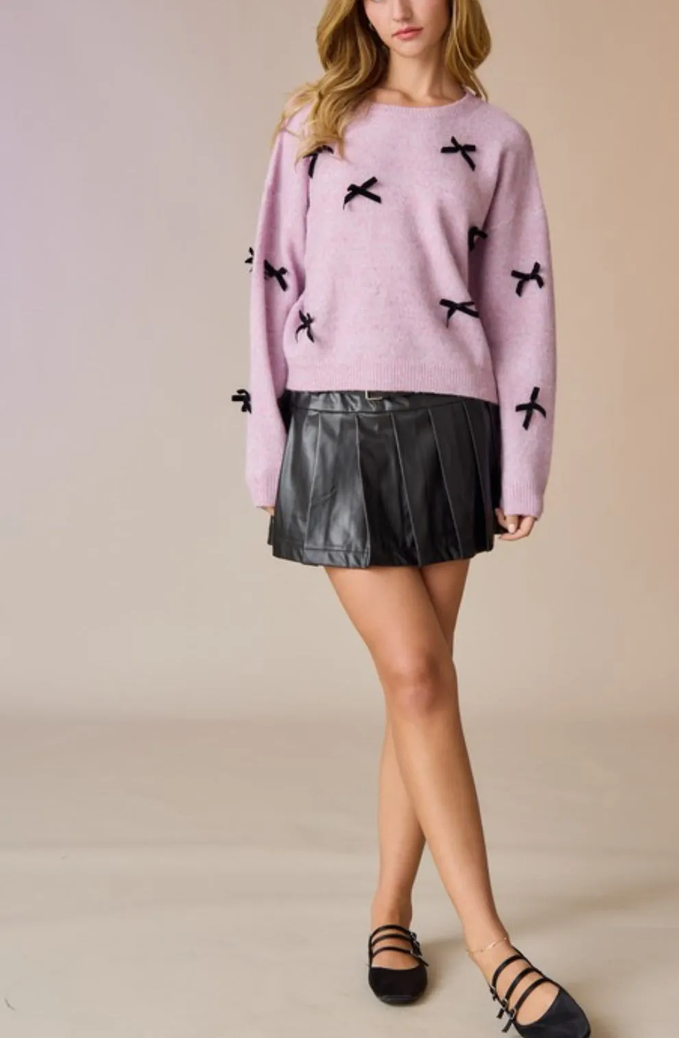 Delilah Pink Sweater With Velvet Ribbon Bows