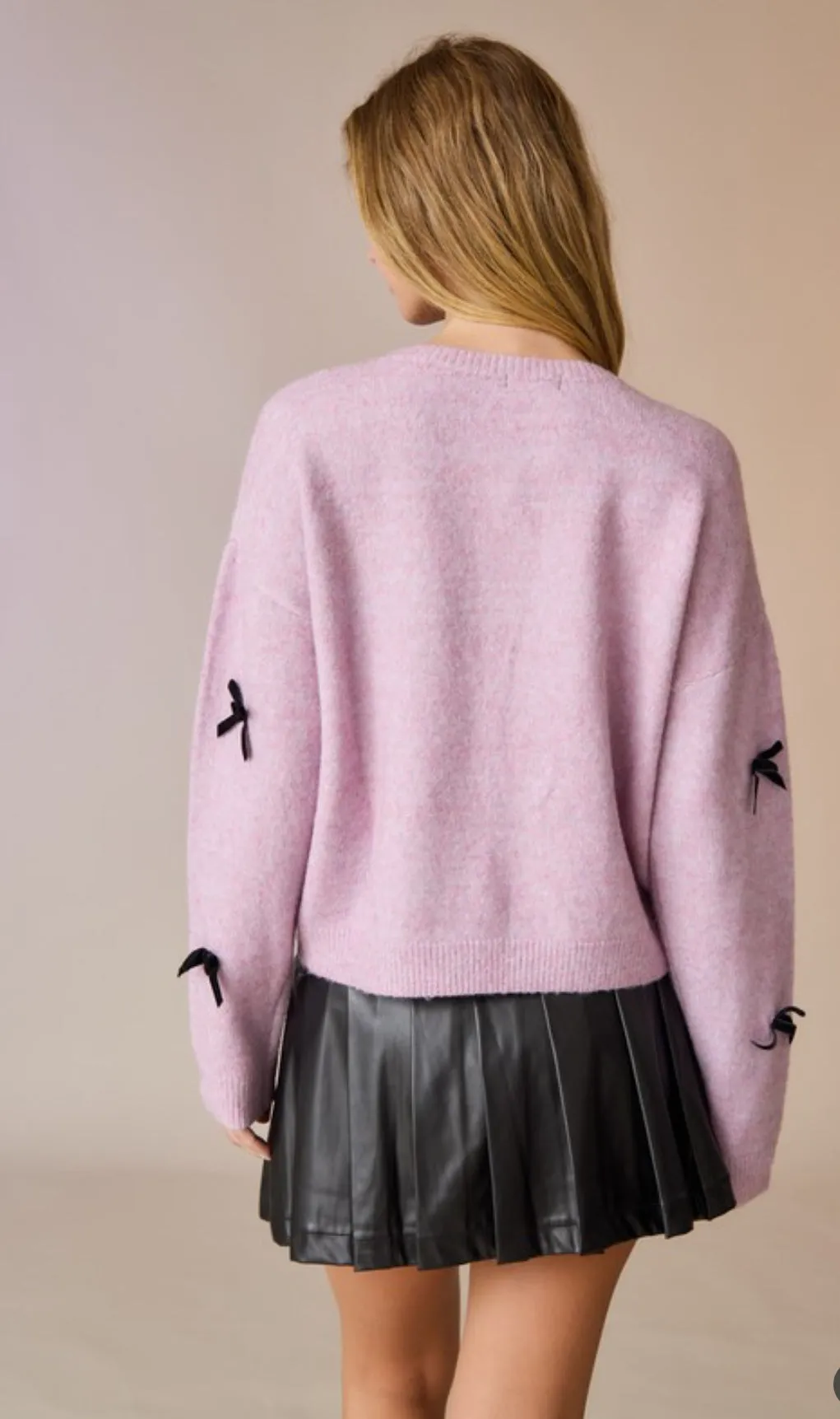 Delilah Pink Sweater With Velvet Ribbon Bows