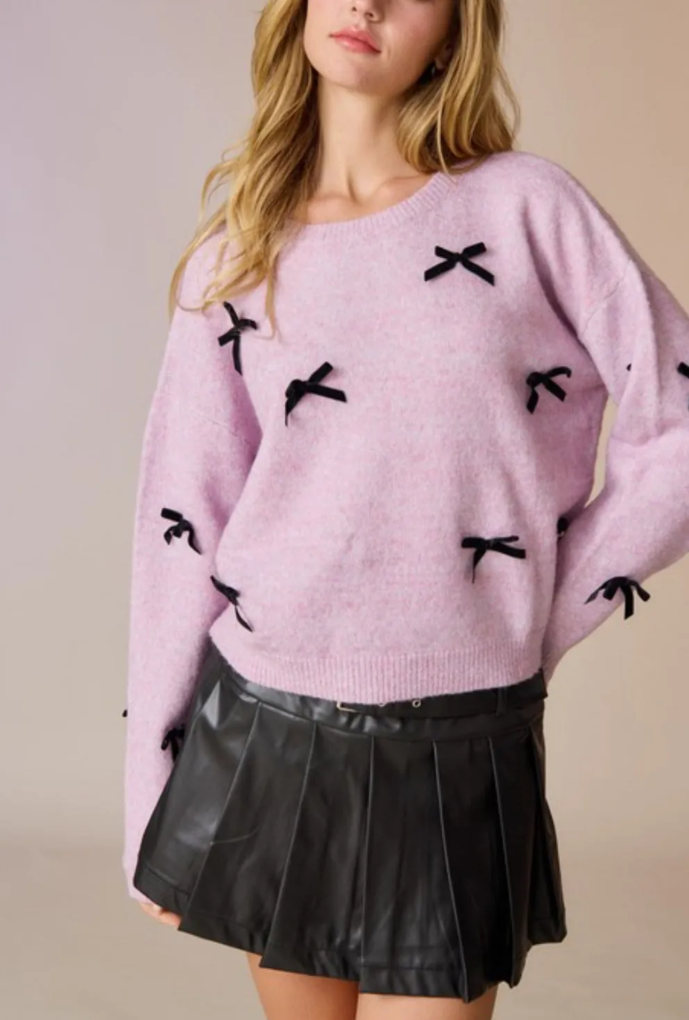 Delilah Pink Sweater With Velvet Ribbon Bows