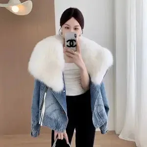 Denim Blue Fur Collar Cotton-Padded Jacket