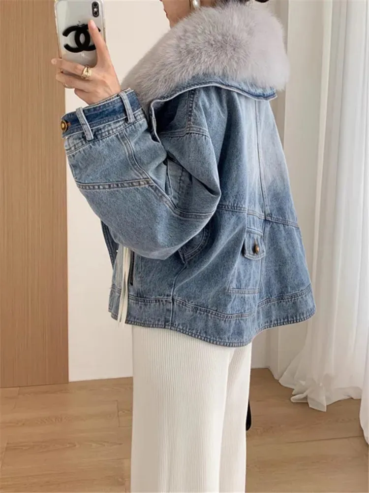 Denim Blue Fur Collar Cotton-Padded Jacket