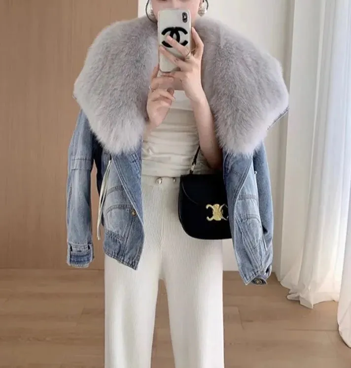 Denim Blue Fur Collar Cotton-Padded Jacket