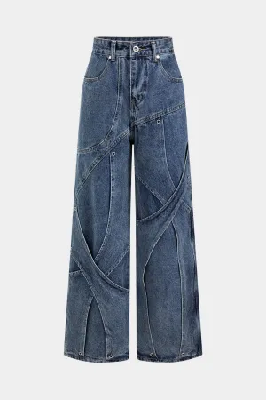 Denim Button Pocket Crossed Patchwork Straight Leg Jeans