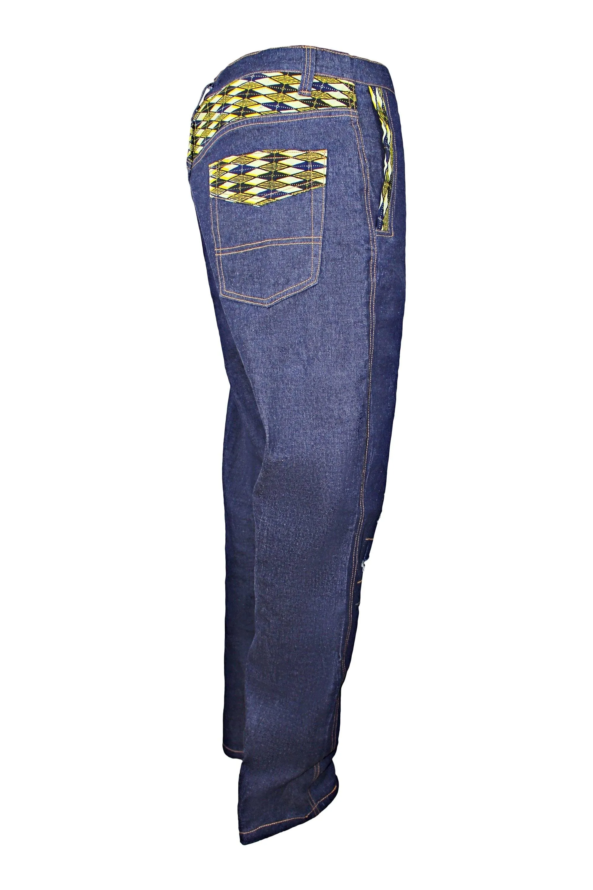 Desta Dark Blue Denim Jeans Men's Destroy Pants with African Print