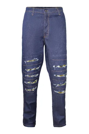 Desta Dark Blue Denim Jeans Men's Destroy Pants with African Print