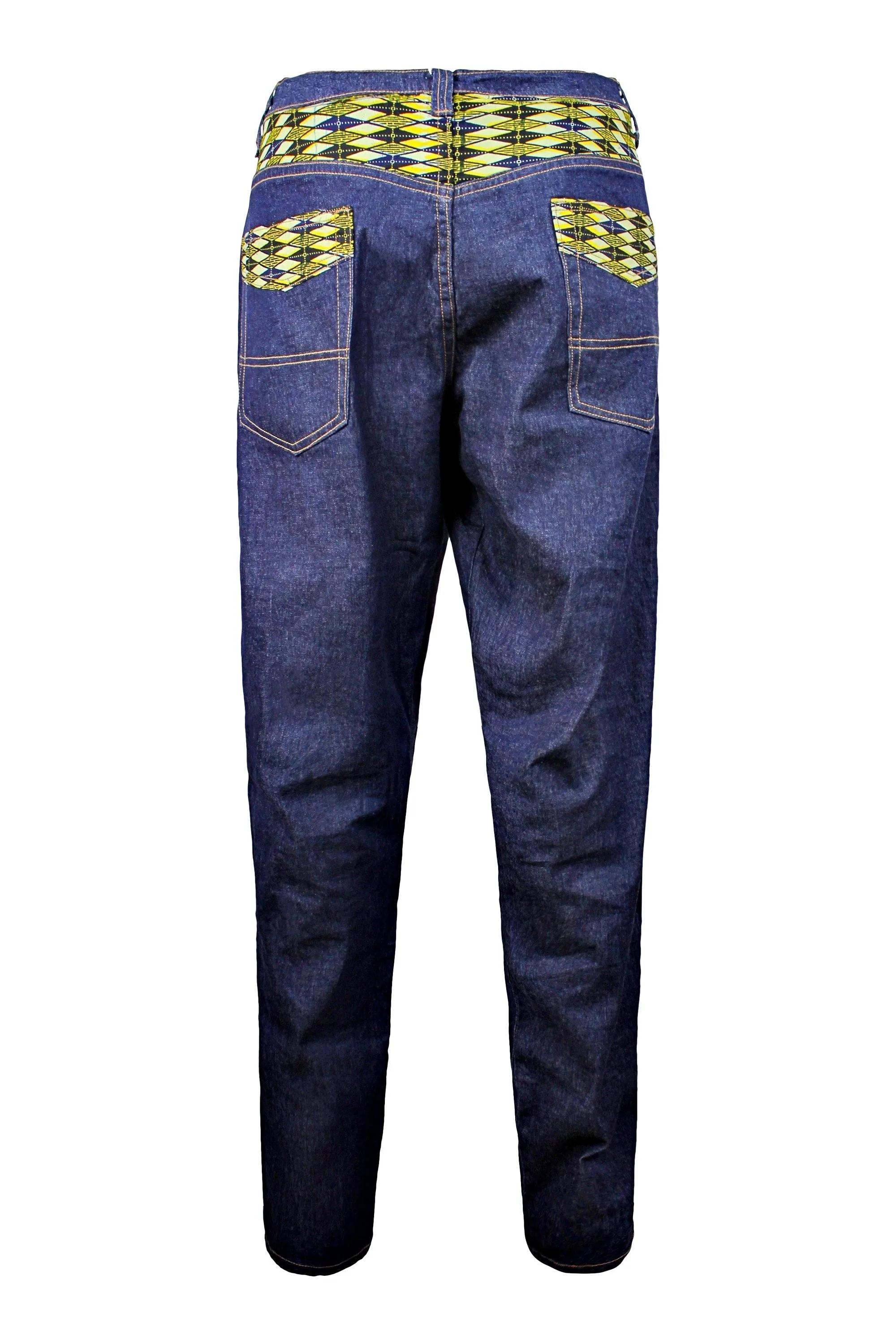 Desta Dark Blue Denim Jeans Men's Destroy Pants with African Print