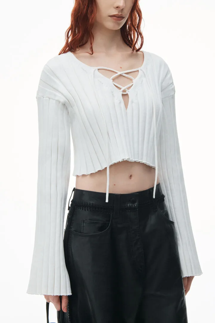 DROP SHOULDER CROPPED LS PULLOVER W/ LACING DETAIL