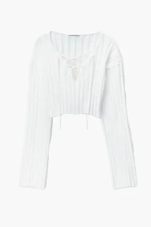 DROP SHOULDER CROPPED LS PULLOVER W/ LACING DETAIL