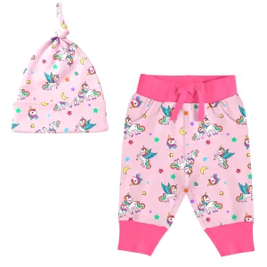 Endanzoo Matching Organic Cuff Pant & Knotted Beanie - Rainbow Unicorns