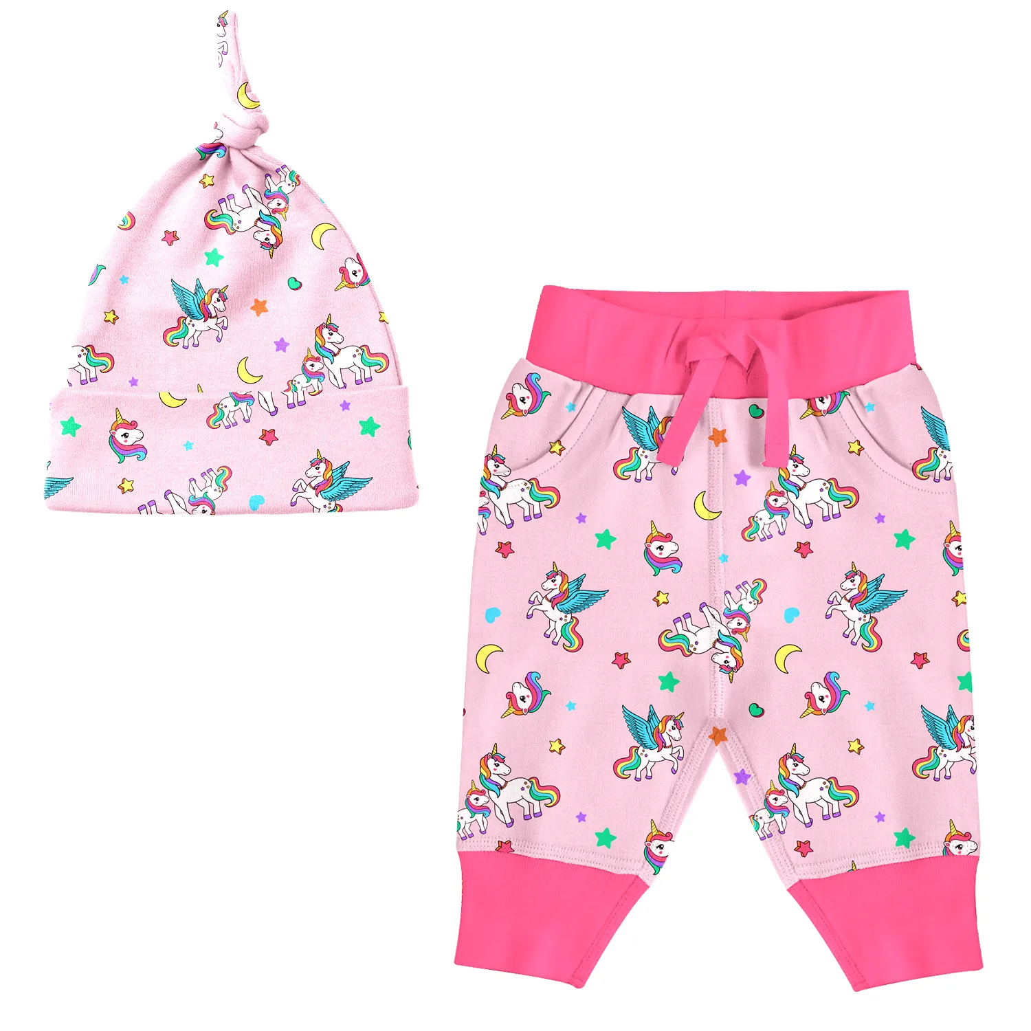Endanzoo Matching Organic Cuff Pant & Knotted Beanie - Rainbow Unicorns