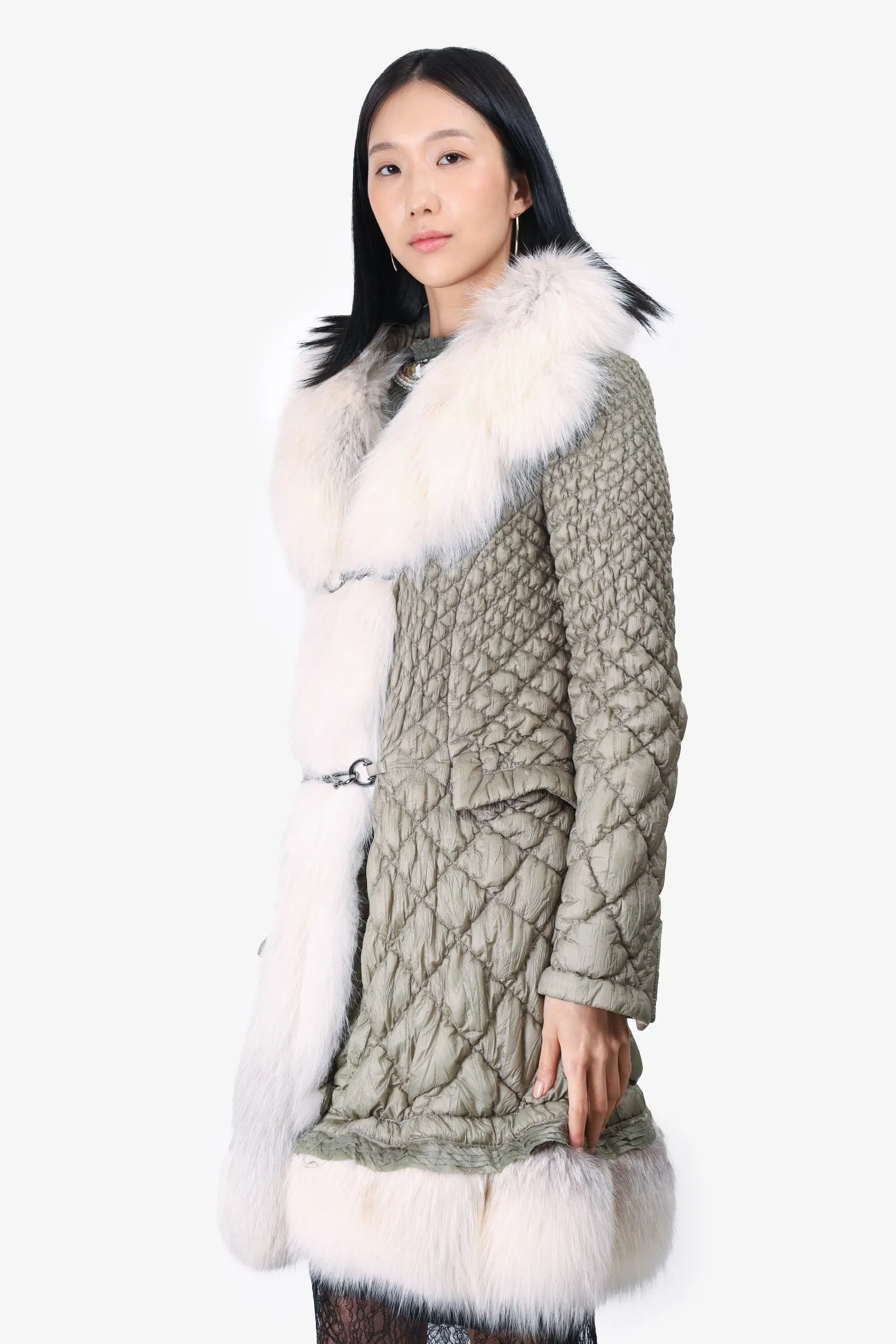 Ermanno Scervino Green Nylon/Fur Hooded Quilted Coat Size 46