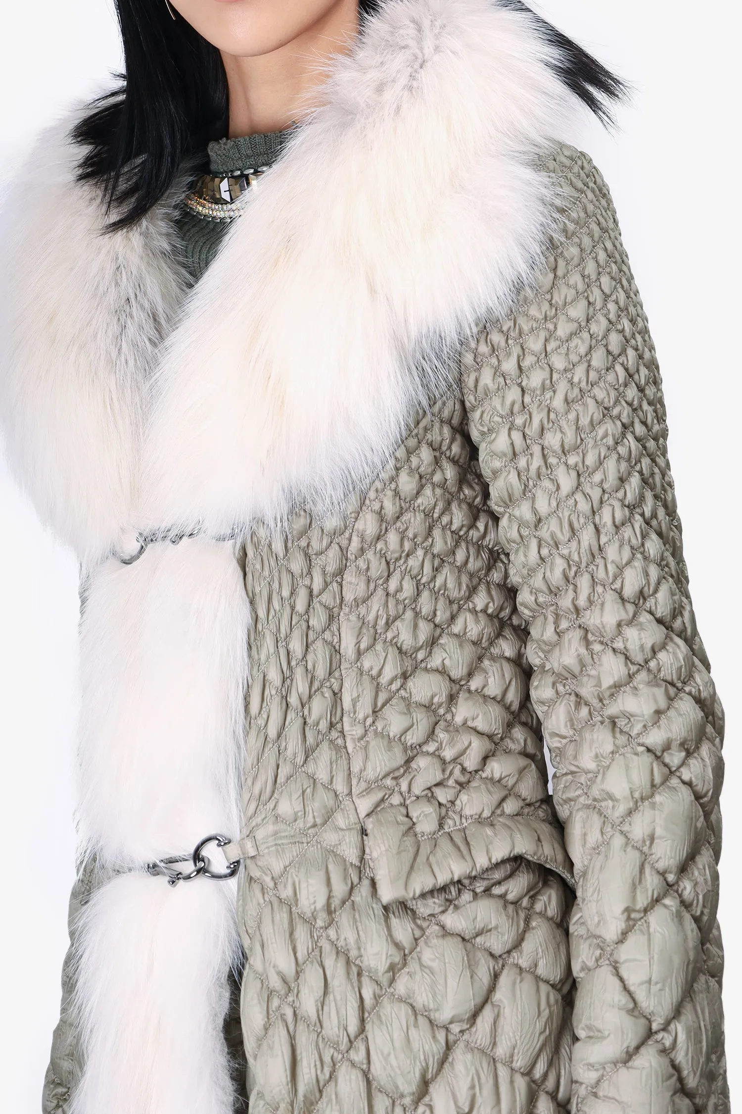 Ermanno Scervino Green Nylon/Fur Hooded Quilted Coat Size 46