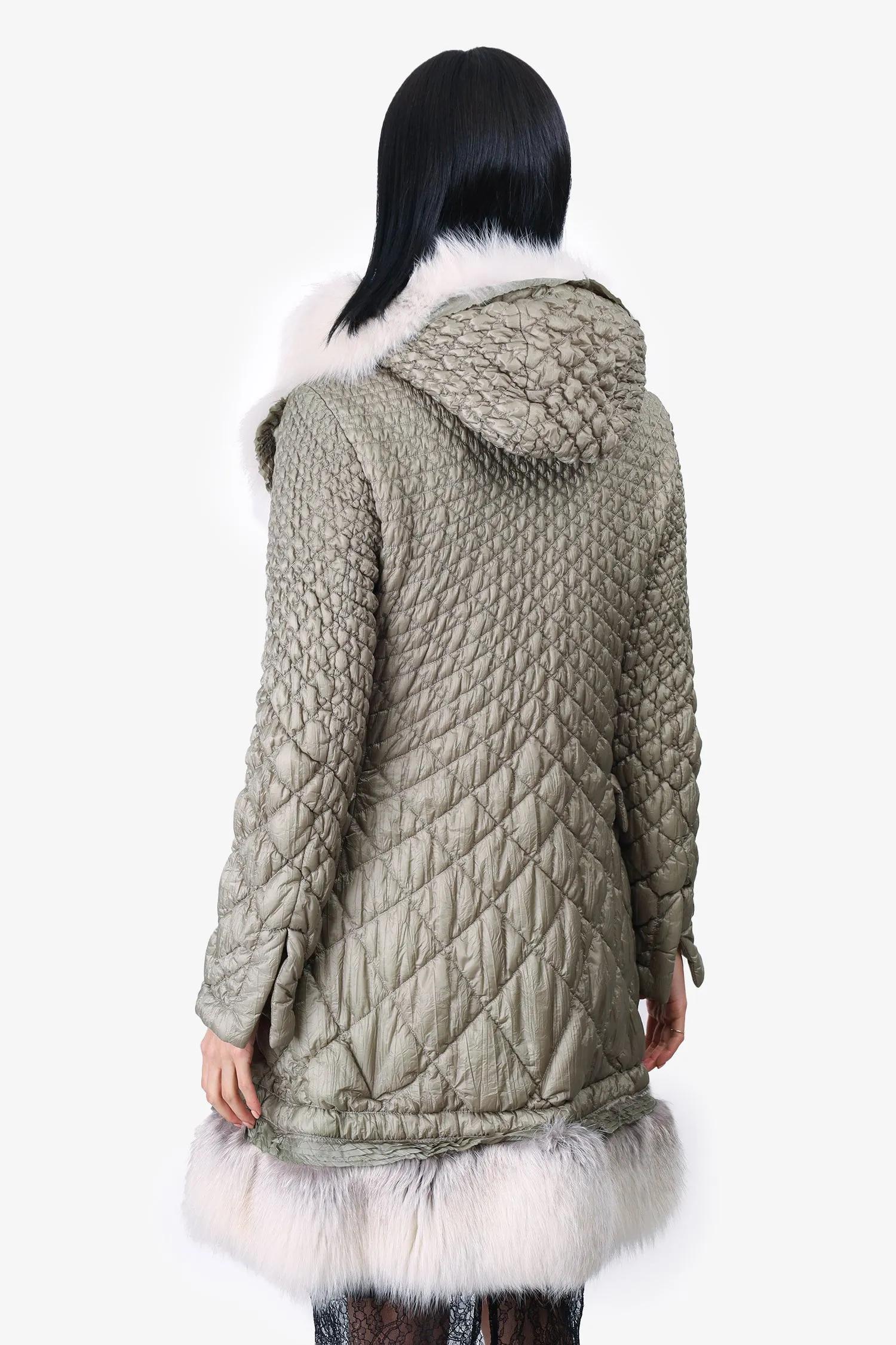 Ermanno Scervino Green Nylon/Fur Hooded Quilted Coat Size 46