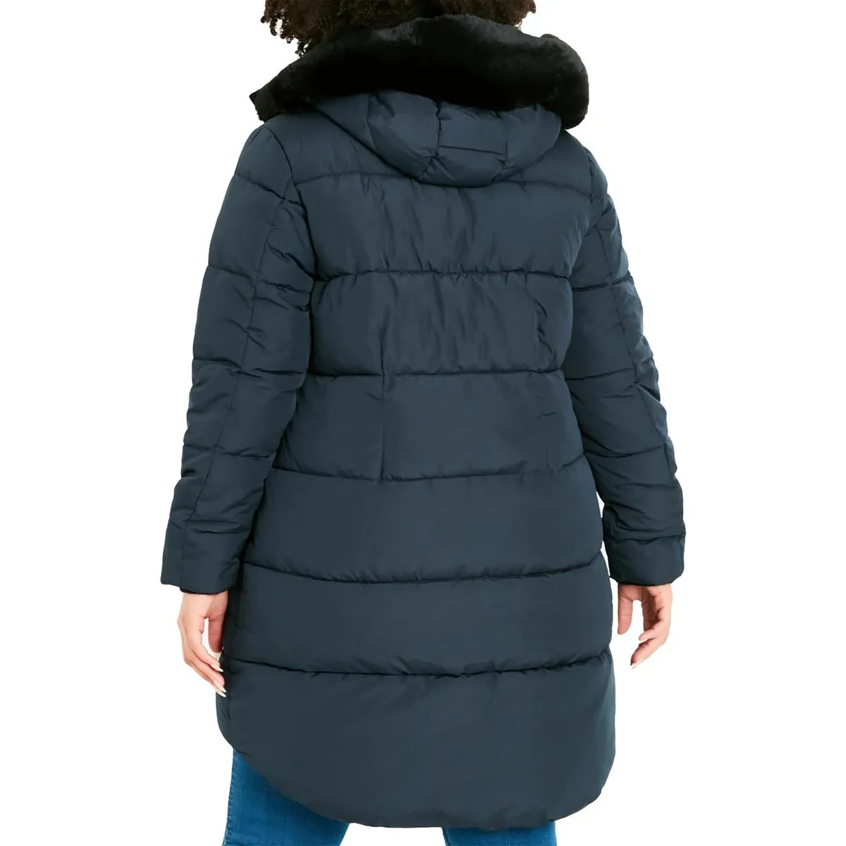 Evans Womens Faux Fur Trim Cold Weather Quilted Coat