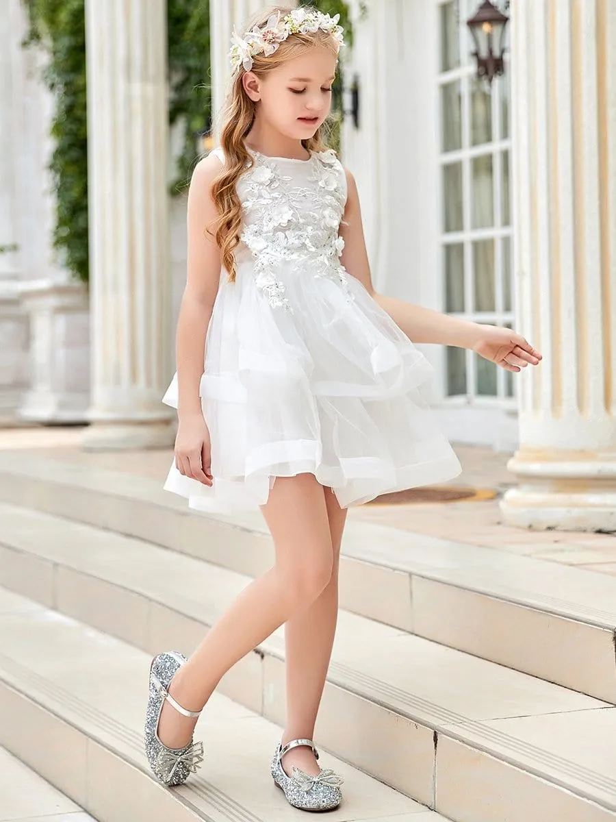 Exquisite Floral Patches Round NeckMidrib Layered Short Flower Girl Dress