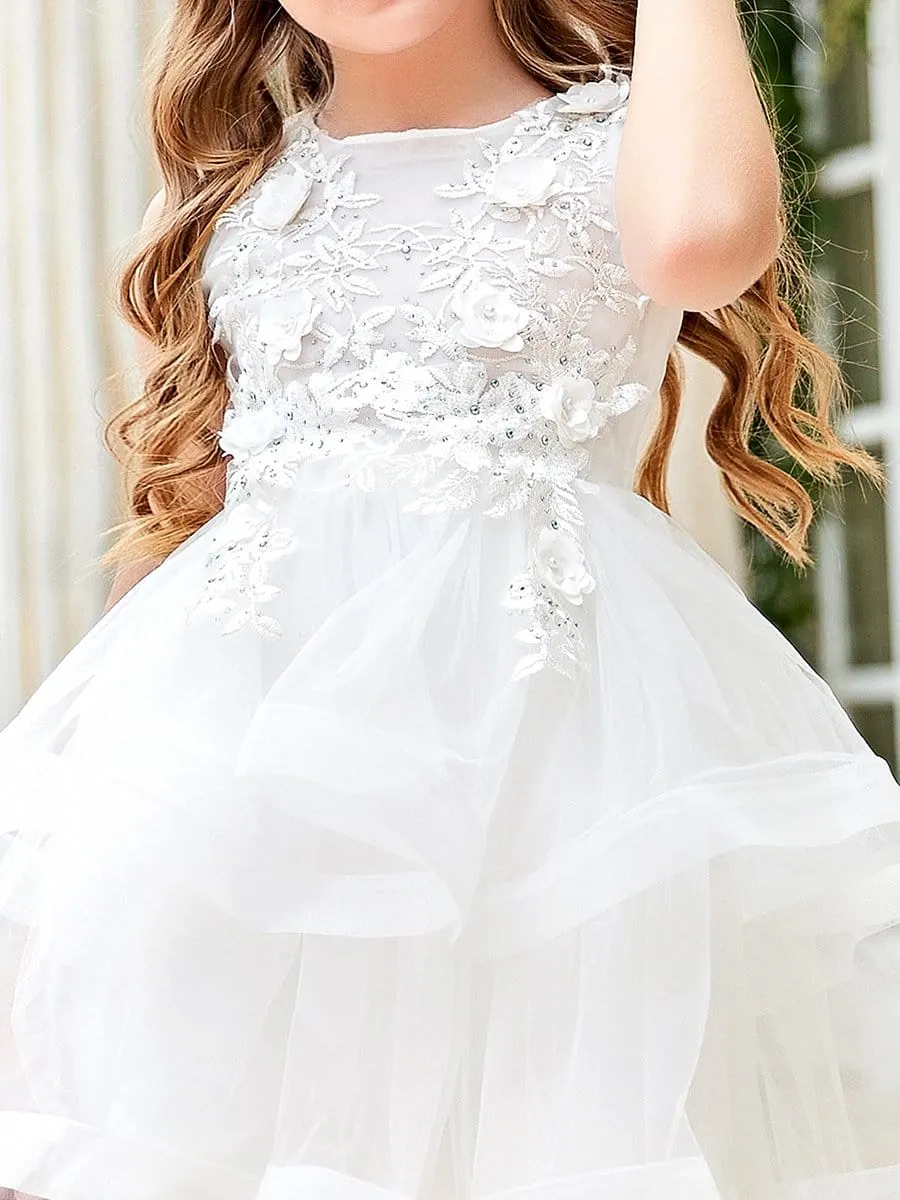 Exquisite Floral Patches Round NeckMidrib Layered Short Flower Girl Dress