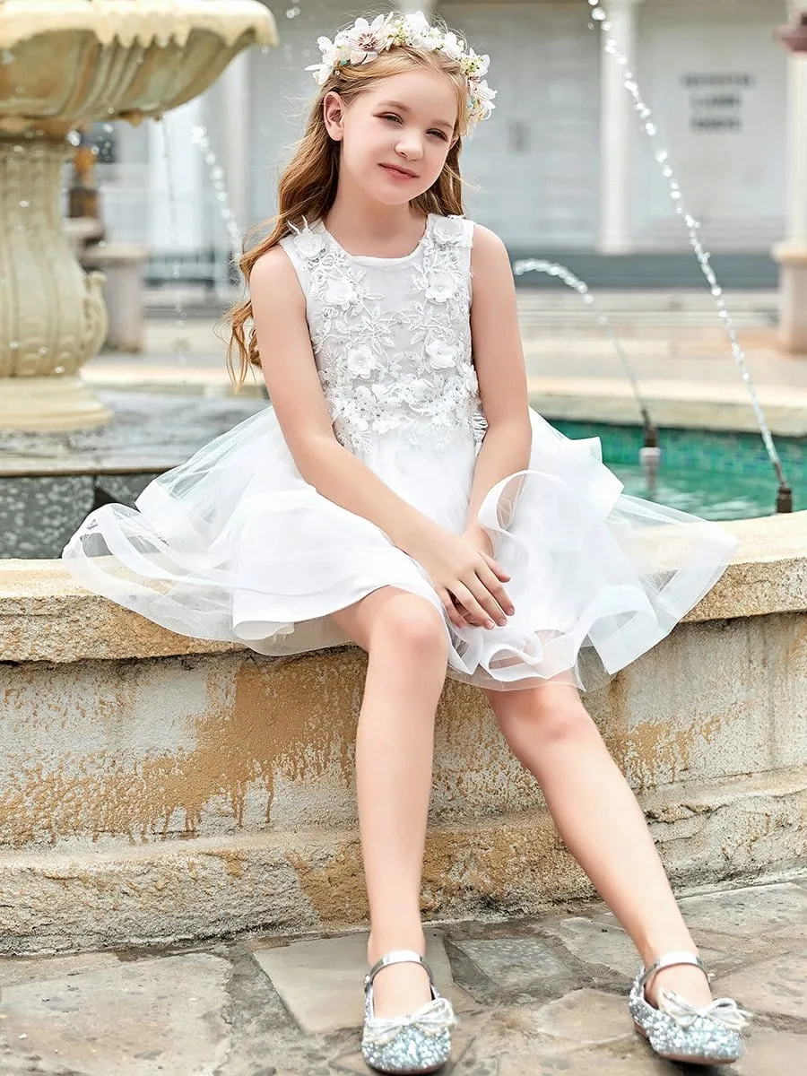 Exquisite Floral Patches Round NeckMidrib Layered Short Flower Girl Dress